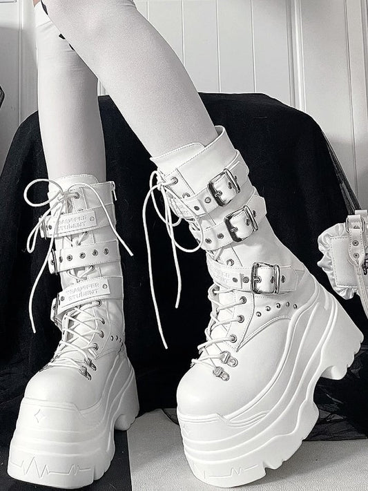 White in Boots System Kei Jirai Studs PU Platform Triple Details Fastening