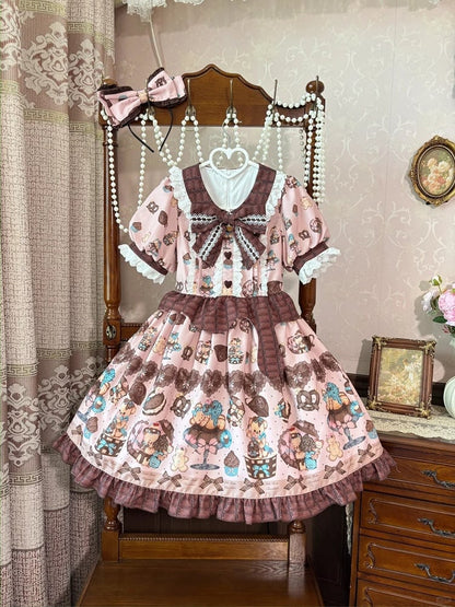 Piece Pink Lolita Dress One Vintage Teddy Bear Print Sweet Light