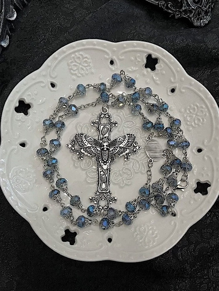 Two-Tone Gothic Cross Pendant Beaded Necklace