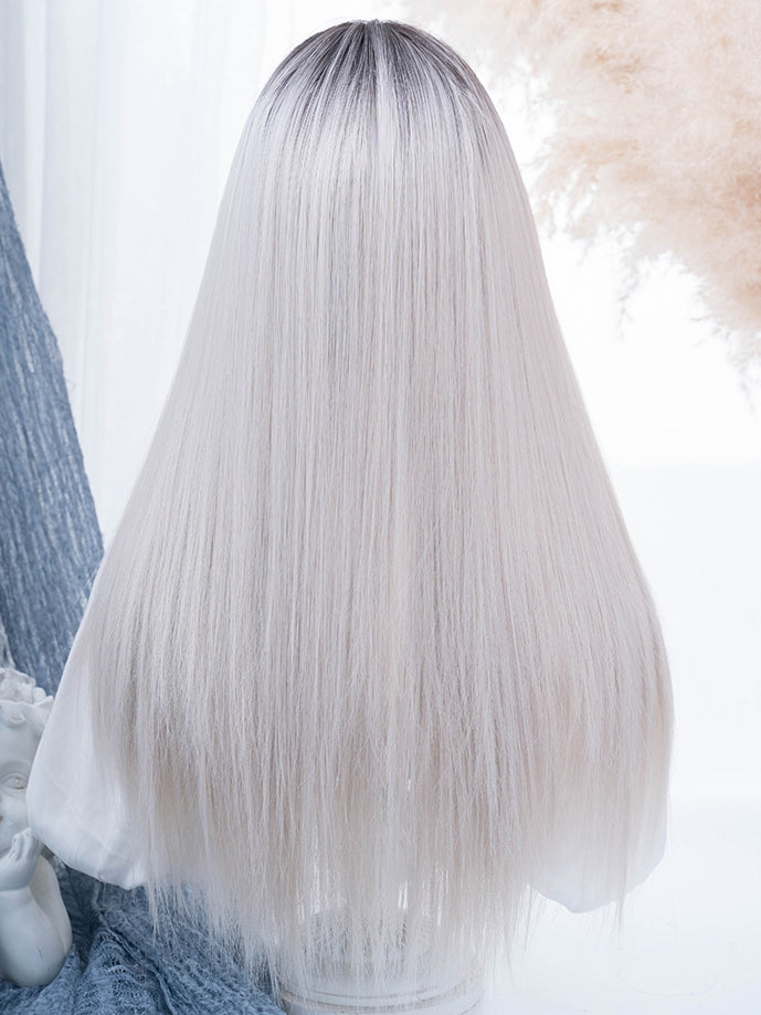 Glatte Ombre-Perücke, Länge 66 cm, schwarz-weißer Pony