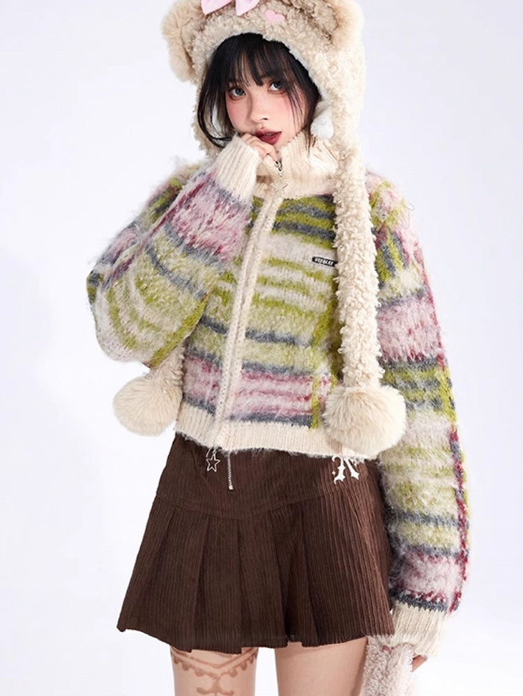 mit Cardigan Mohair Verschluss Vintage Gestreift Reißverschluss High Neck Crop Grün