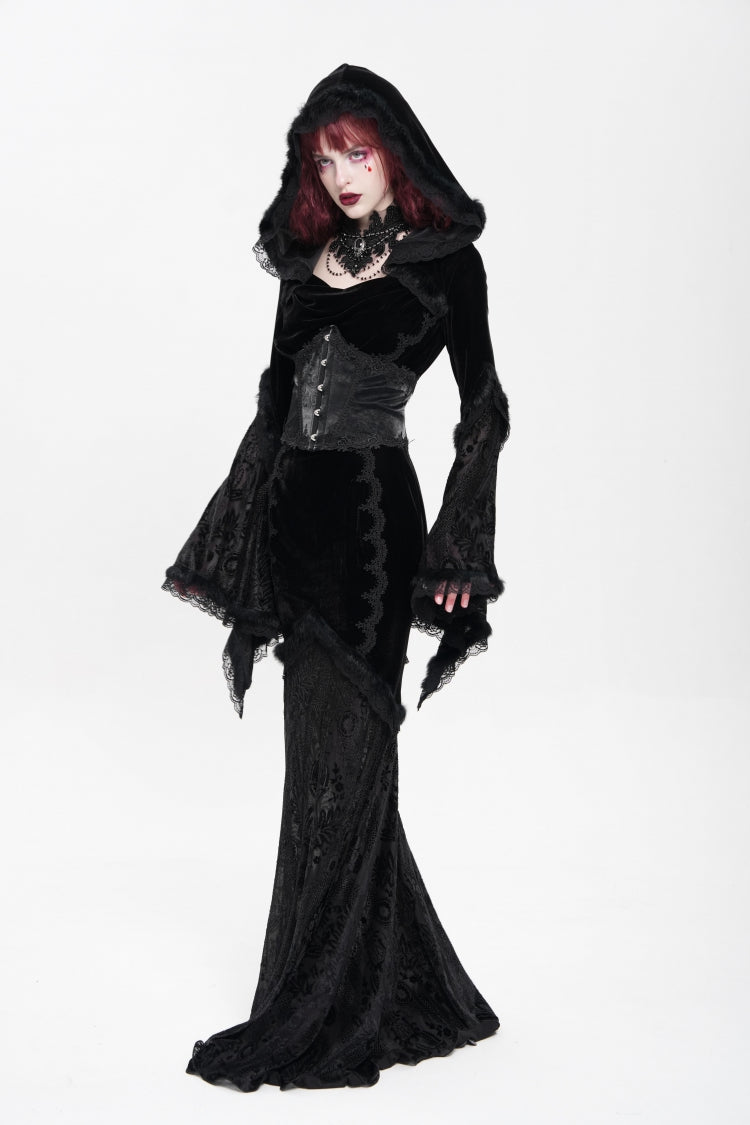 Black Long Trumpet Sleeve Hooded Mesh Gothic Dress Embroidery