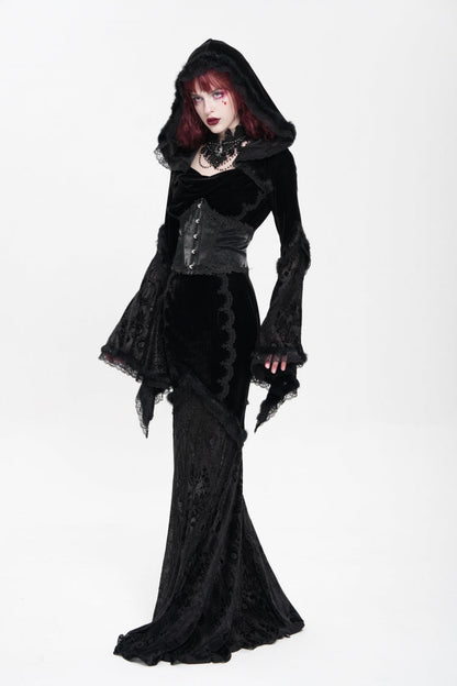 Black Long Trumpet Sleeve Hooded Mesh Gothic Dress Embroidery