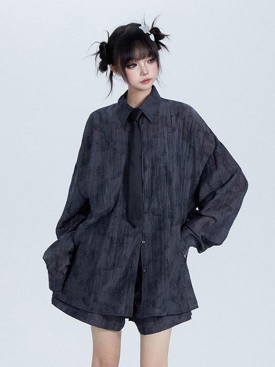 Elastic Set: Tencel Shorts Collar Polo Gray Waist Shirt with Top