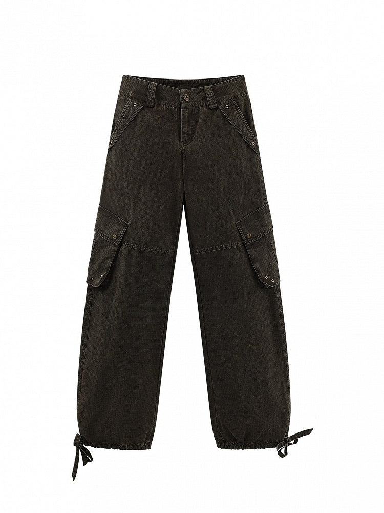 Coffee Straight Leg Cargo Pants with Drawstring Cuffs - Low pixel