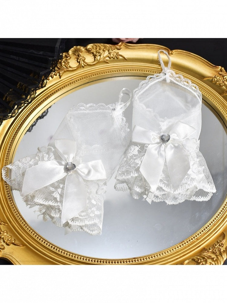 White Lace Wrist Cuffs with Bow Embellishment - Mr. Cat