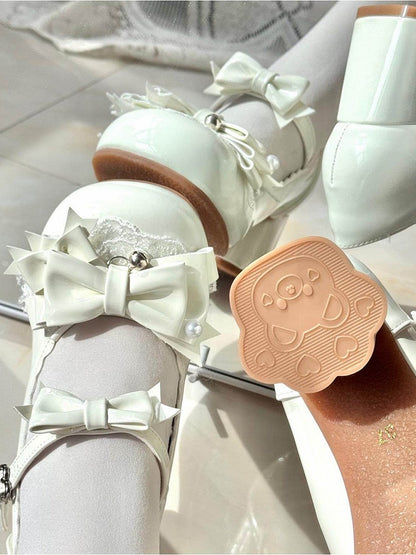 White Lolita Bow Pearl Round Toe Shoes - Sweet Mist
