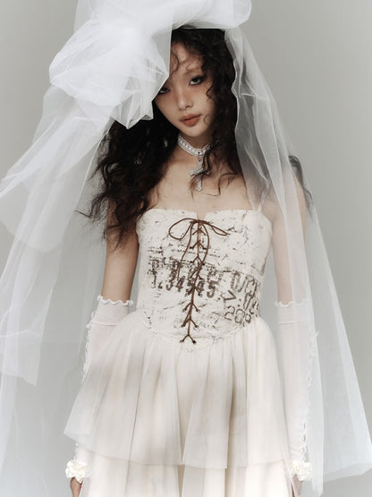 Punk Slip Crisscross Dress Lacing Tiered White with Tulle Skirt Distressed