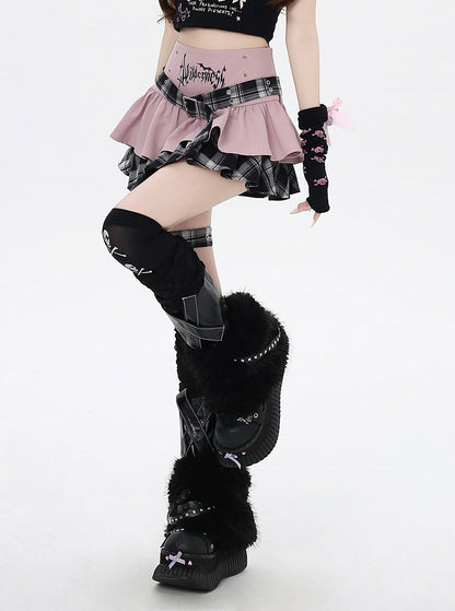 Y2K Garter Tiered Skirt with Cross Belt and Lined Gray Plaid Buckle Pink Design