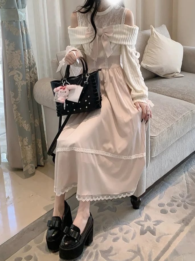 Maxi with Crossed Kei Illusion Sleeves Jirai Tie Pink Shoulder Dress Aesthetic Soft Light - Neck Open