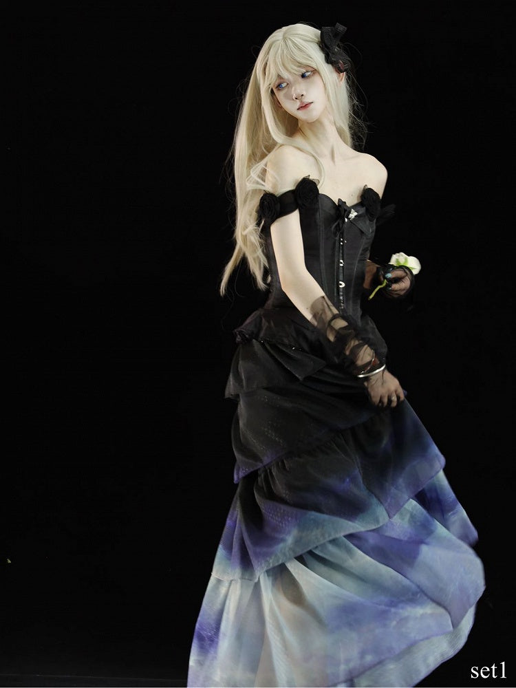 Black Top with Floral-Embellished Off-Shoulder Gradient Skirt Tiered Corset