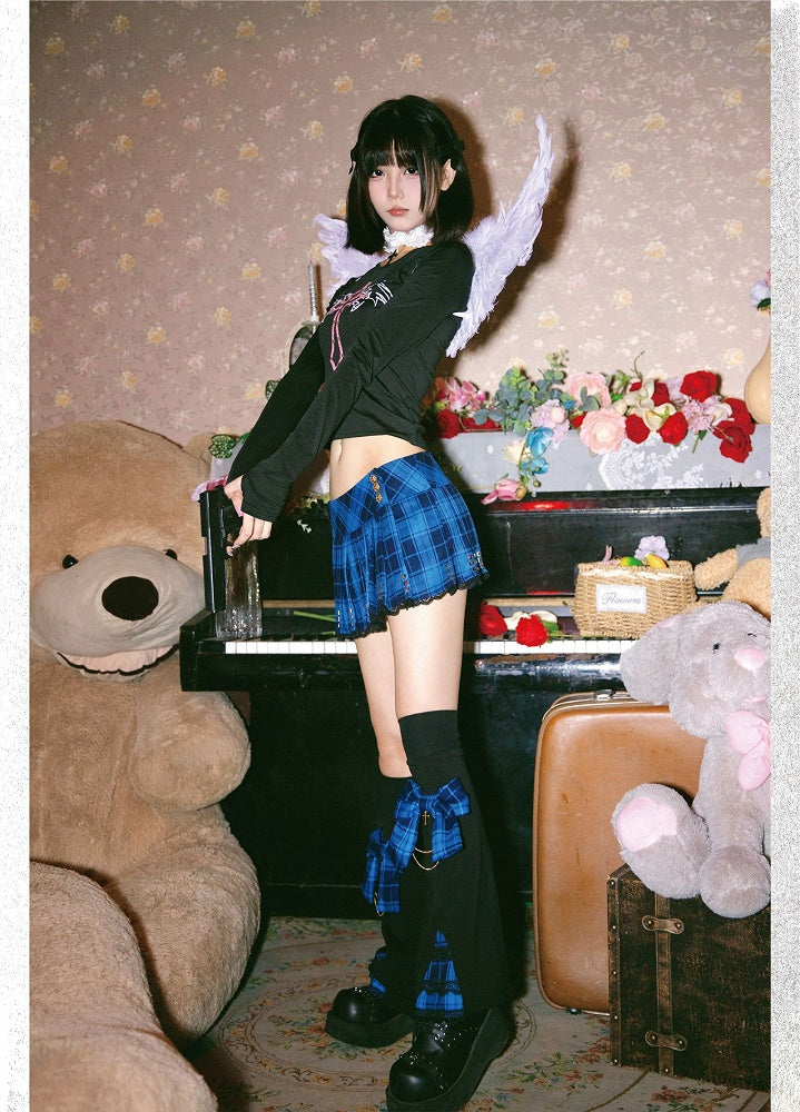 Punk Navy Blue Plaid Studs Detail Lace Trim Y2K Mini Pleated Skirt