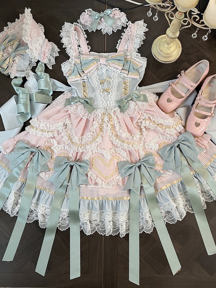 Mintgrünes Schleifen-Rosa und Blaues süßes Lolita-Korsettkleid mit Choker