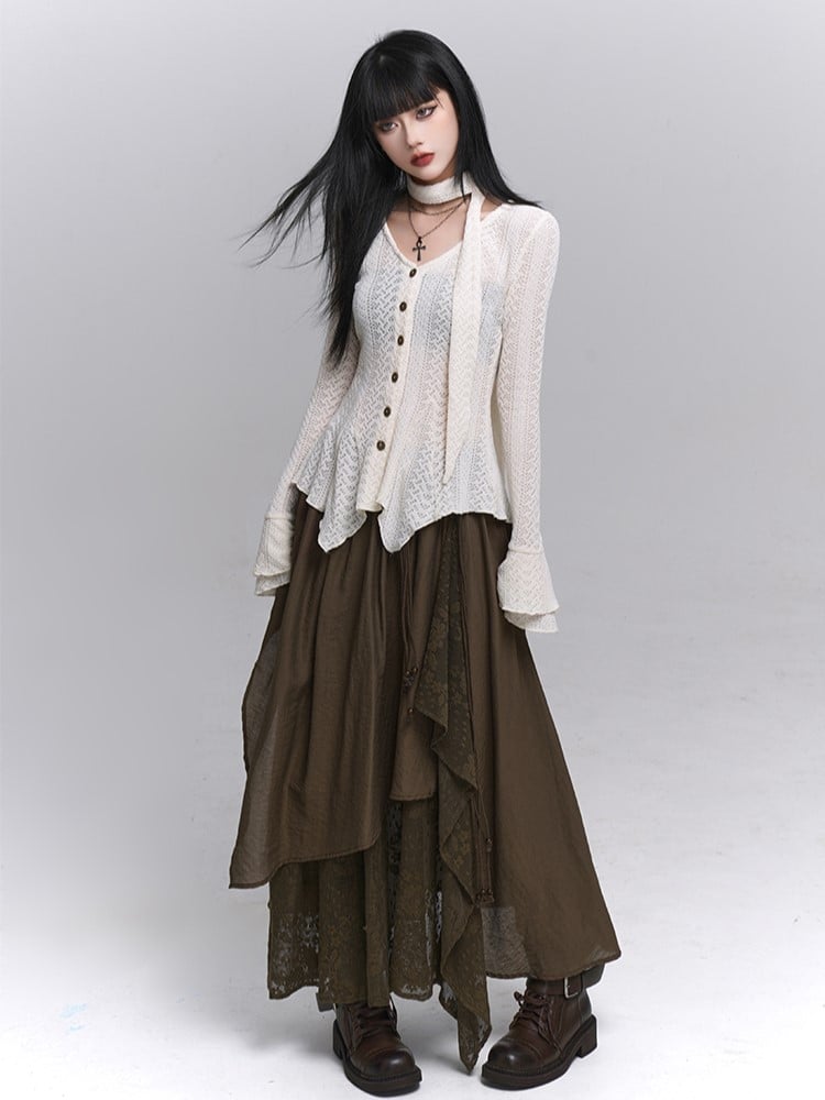 Floral Millard Embroidery Asymmetric Skirt with Elastic Hem Maxi Coffee Waist Dark Punk Wasteland