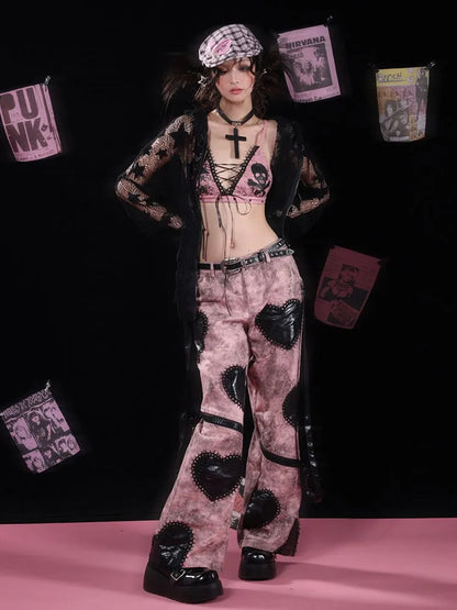 アップリケハートゴシックレッグピンクワイドジーンズブラックジップパンク