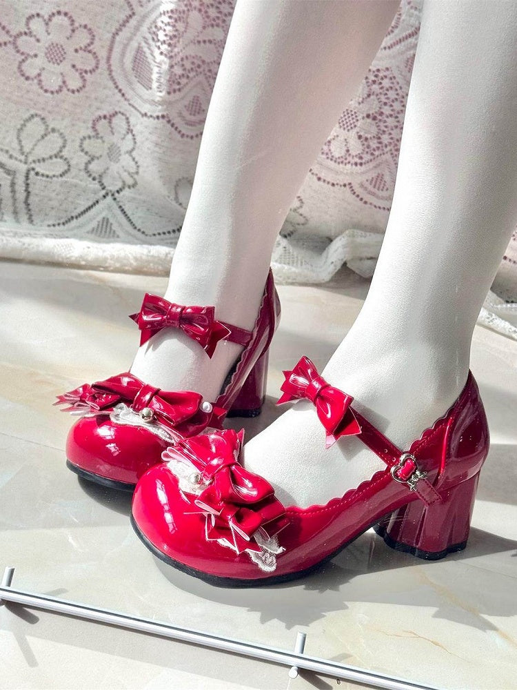 Kawaii 5cm Bear Pattern Heel Red Round Toe Shoes with Bell Pendant & Bowknot Accents