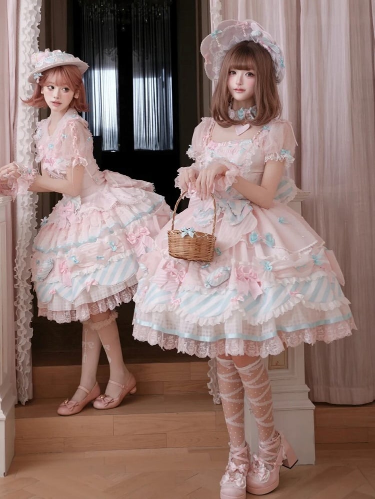 Pink & Blue Sheer Sleeves Tiered Sweet Lolita OP Dress with Bow and Candy Accents - Meng Fu Zi