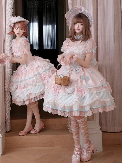 Pink & Blue Sheer Sleeves Tiered Sweet Lolita OP Dress with Bow and Candy Accents - Meng Fu Zi