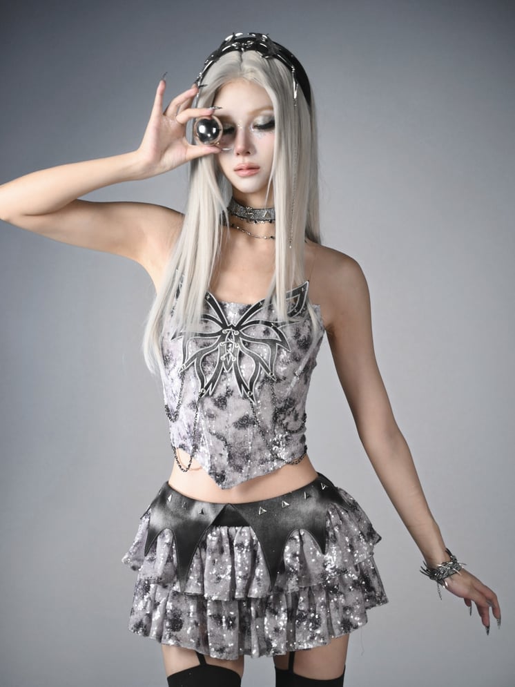 Top Fashion Grey Butterfly Chain Sequins Y3K Fishbone Strapless Cyberpunk Futuristic Silver Decorated
