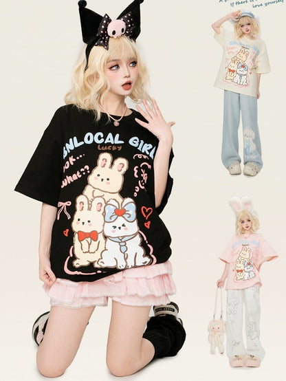 ピンク/ブラック/アプリコットバニーズルーズTシャツ