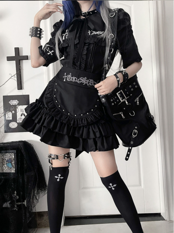 Tie Black Ruffle Lacing Bow Back Metal with Gothic Front Sleeve Short Trimmed Eyelet Top