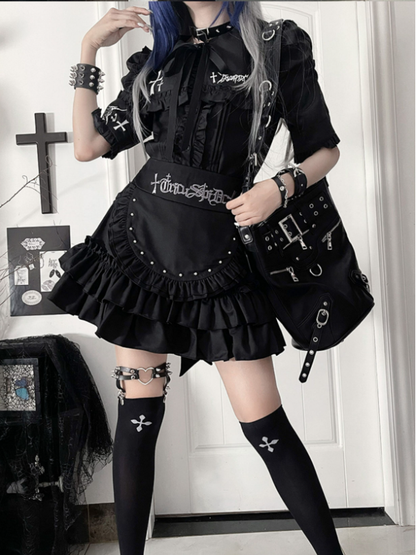 Tie Black Ruffle Lacing Bow Back Metal with Gothic Front Sleeve Short Trimmed Eyelet Top