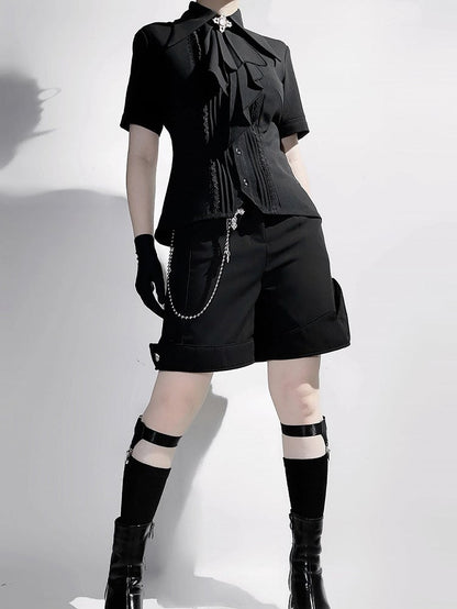 ジャボ ロリータ カラー ブラック フォールドオーバー ショート ファッション スリーブ シャツ 尖った王子