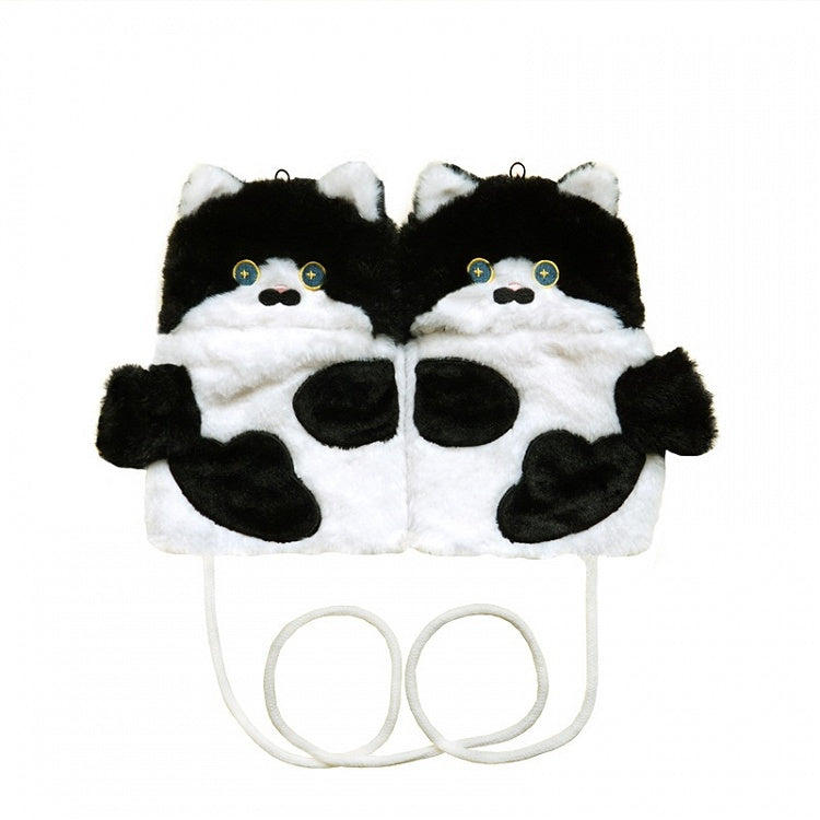 Schwarz-weiße süße Plüschhandschuhe in Katzenform