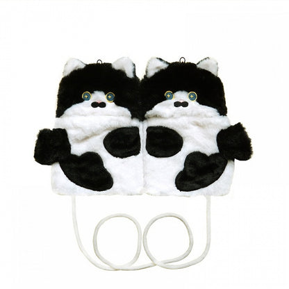 Schwarz-weiße süße Plüschhandschuhe in Katzenform