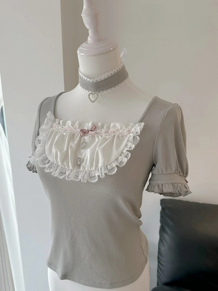 Light Gray Puff-Sleeve Square-Neck Top, Lace & Rhinestones, with Choker - Ostslheep