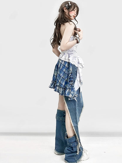 ウォーマー + ブループリント裾ショーツ グラマラスパターン ビタースイート アシンメトリースターセット - チェック柄アップリケスカート レッグクロス