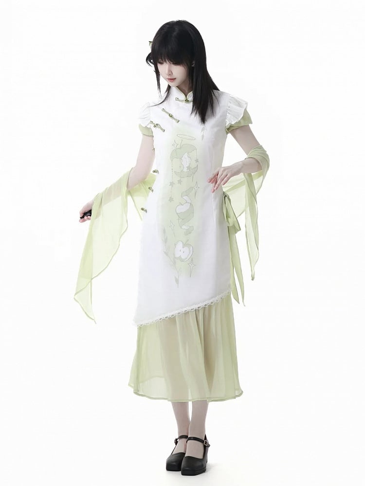 Gebändertes Kleid Qipao Kragen Apfeldruck Cheongsam Stil Knöpfe Grüner Knoten