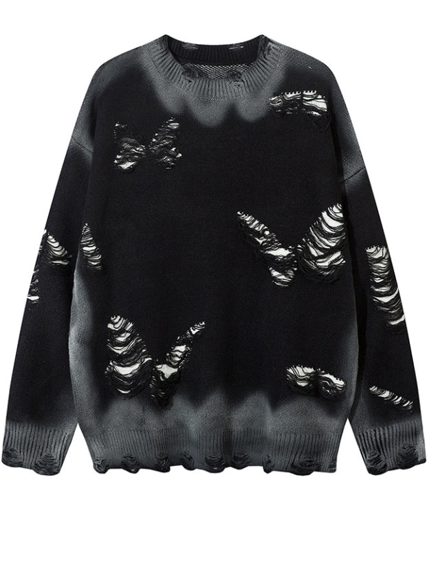 Y2K ブラック/グレー バタフライシェイプ ダメージ加工 ホールズ ラウンドネック セーター