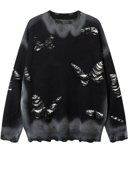 Y2K ブラック/グレー バタフライシェイプ ダメージ加工 ホールズ ラウンドネック セーター