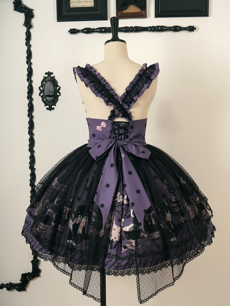 Lolita and Straps Ruffle Waist High Print Kitty Purple Cake Detachable Skirt with