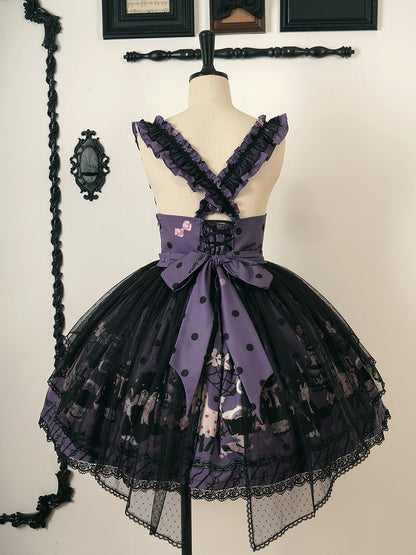 Lolita and Straps Ruffle Waist High Print Kitty Purple Cake Detachable Skirt with