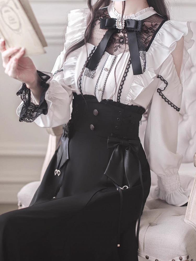 White Neckline Contrast Black Blouse Jirai Shoulder Kei Cutouts Style Lace with