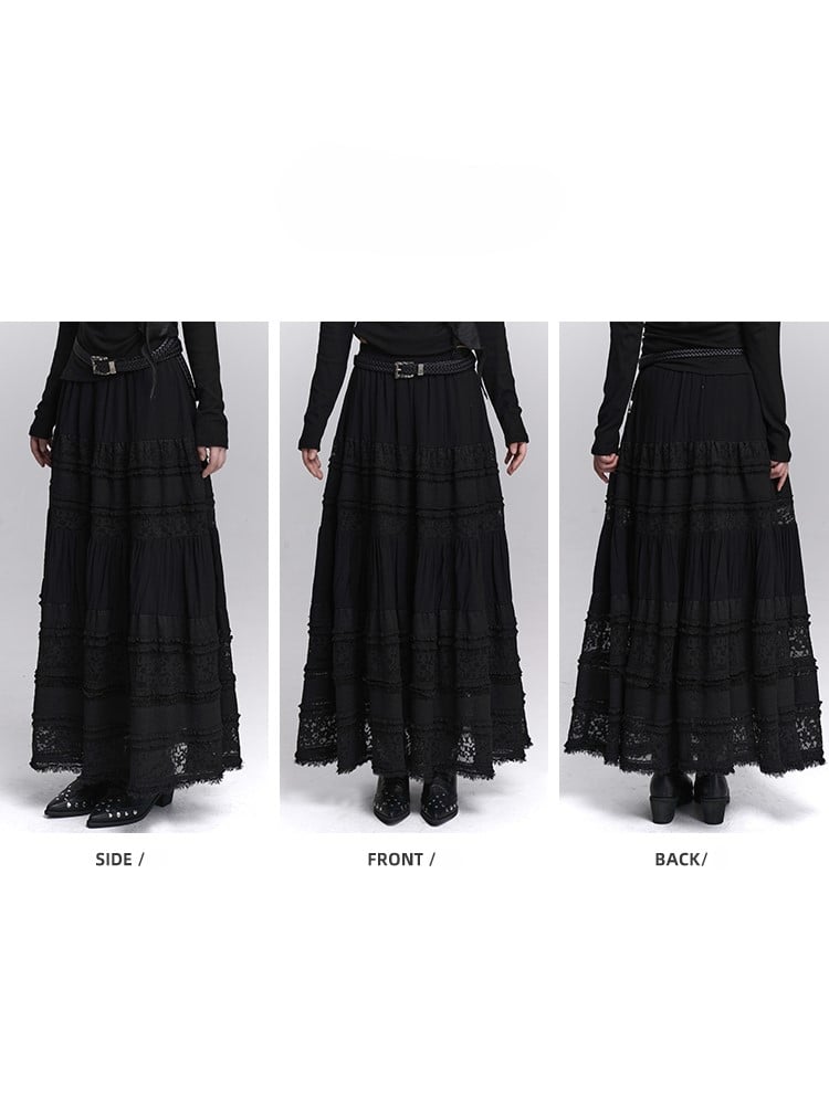 Lace Elastic Waist with Black Lining Patchwork Skirt Gothic Maxi