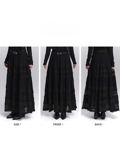 Lace Elastic Waist with Black Lining Patchwork Skirt Gothic Maxi