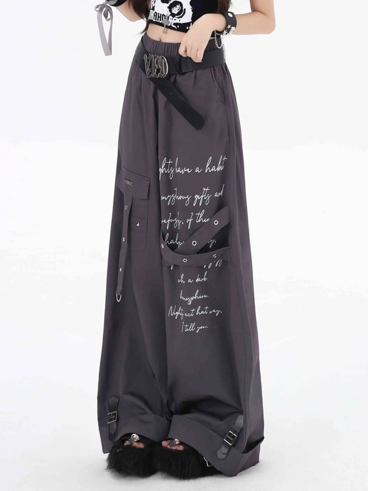 パンクレタープリントグレーアシンメトリーストレートレッグカットカーゴパンツ