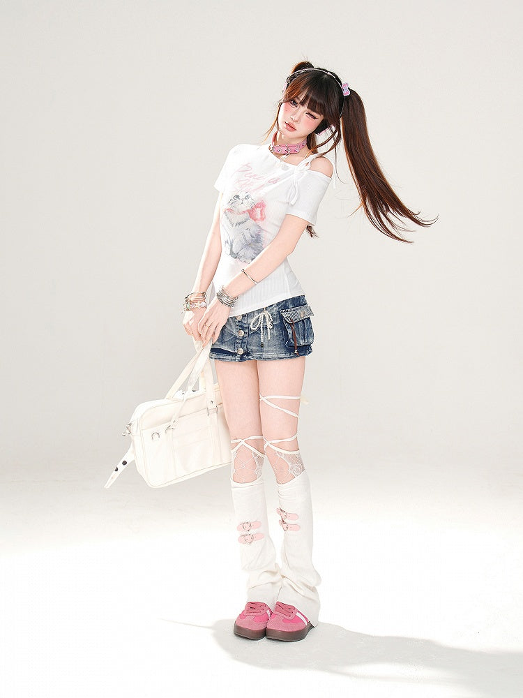 Entzückendes Kätzchen-Print Blau/Weiß T-Shirt Asymmetrischer Ausschnitt Glamourös