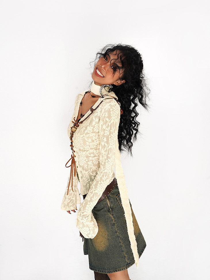 Embroidery  Bell Sleeves Beige Flocked Mesh Floral Lace-up Blouse with