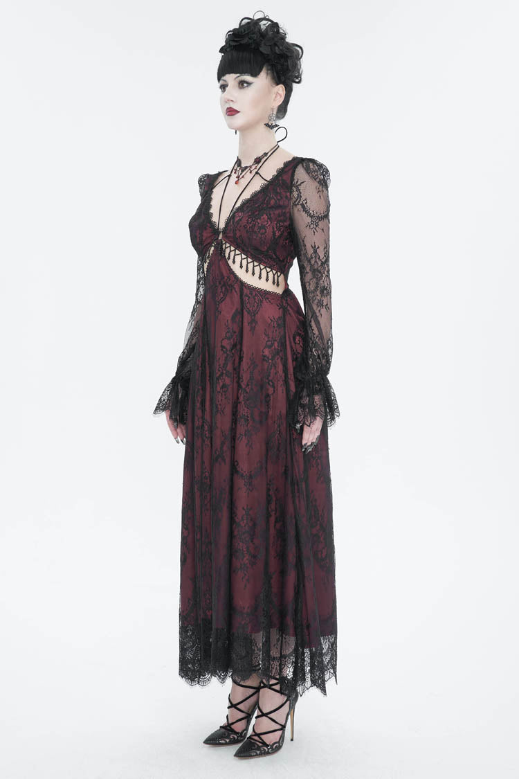 Red Lace Applique Adjustable Waist Cutout Women's Gothic Dress