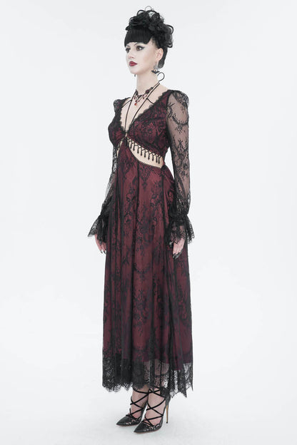 Red Lace Applique Adjustable Waist Cutout Women's Gothic Dress