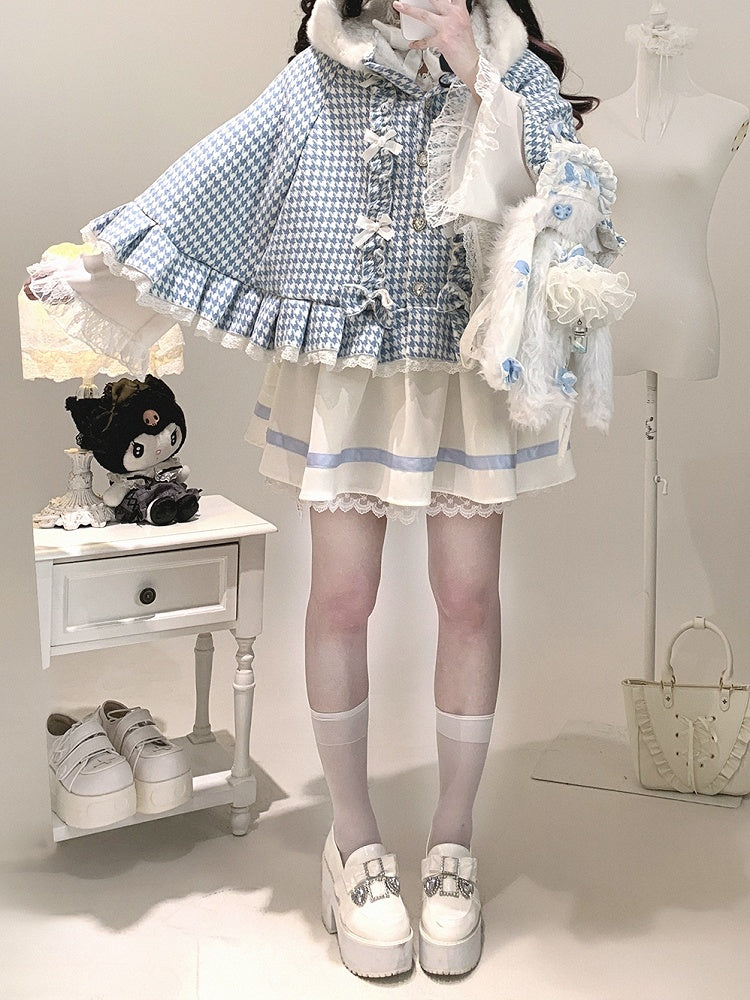 Hooded Fleece-Lined Kei Buttons Heart Cape Houndstooth Jirai with