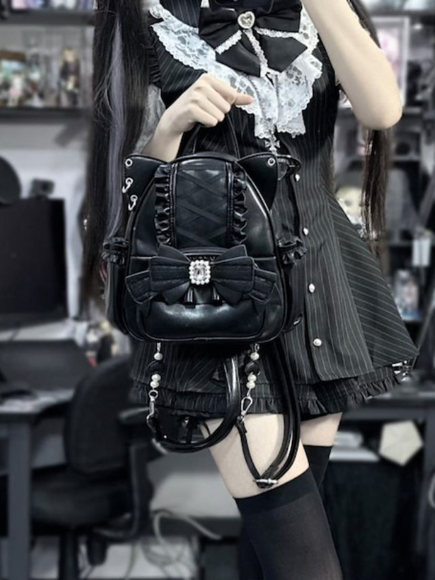 Black Kei Cat Ear Backpack With Beaded and Rhinestone Bow Jirai