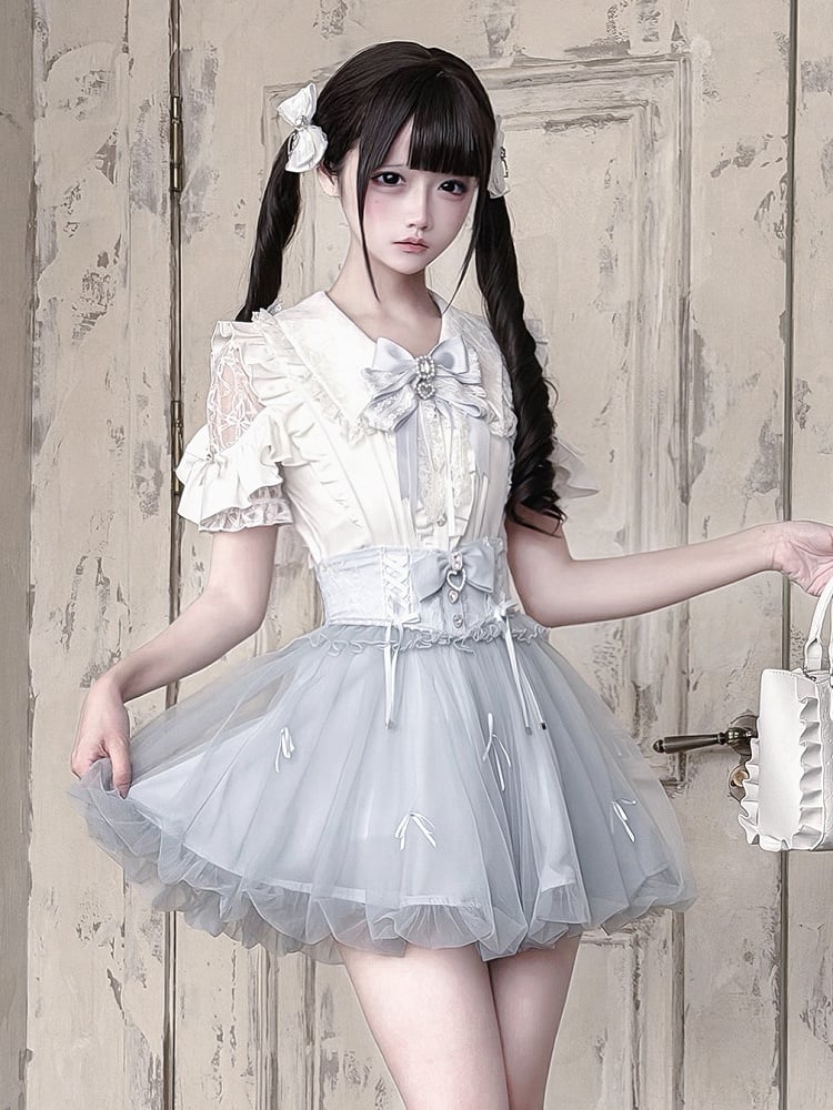 Pure White Lace Cutout Shoulder Short Sleeve Ruffle Blouse - Ekomi