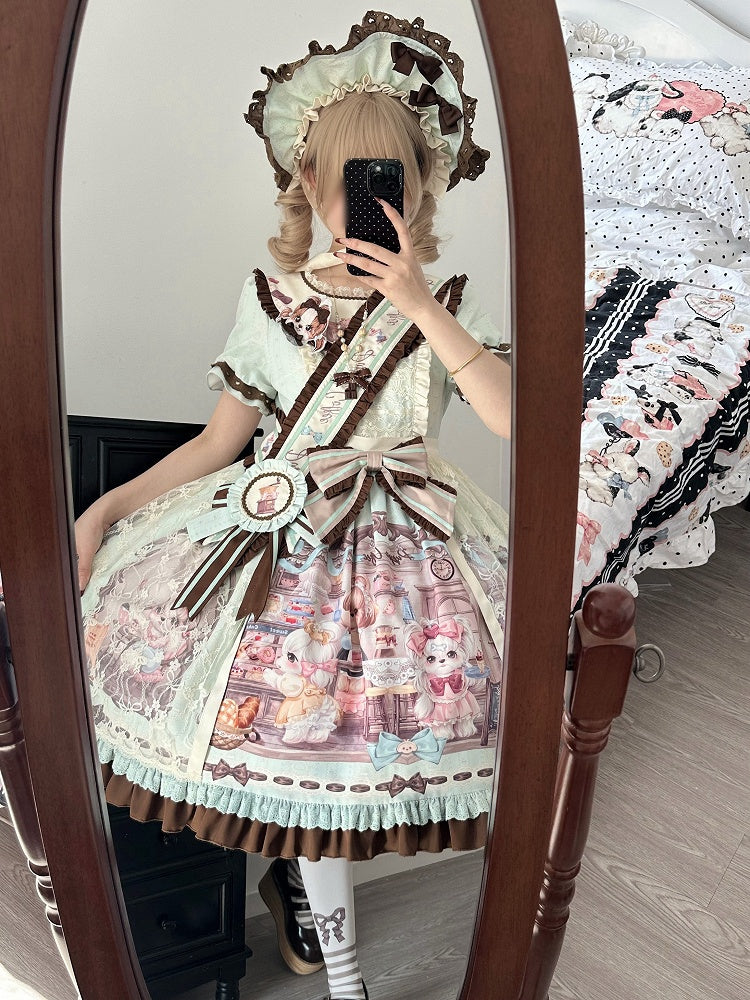 Print Lolita Coffee Overlay Green Puppy's Sweet House Detachable with Dress
