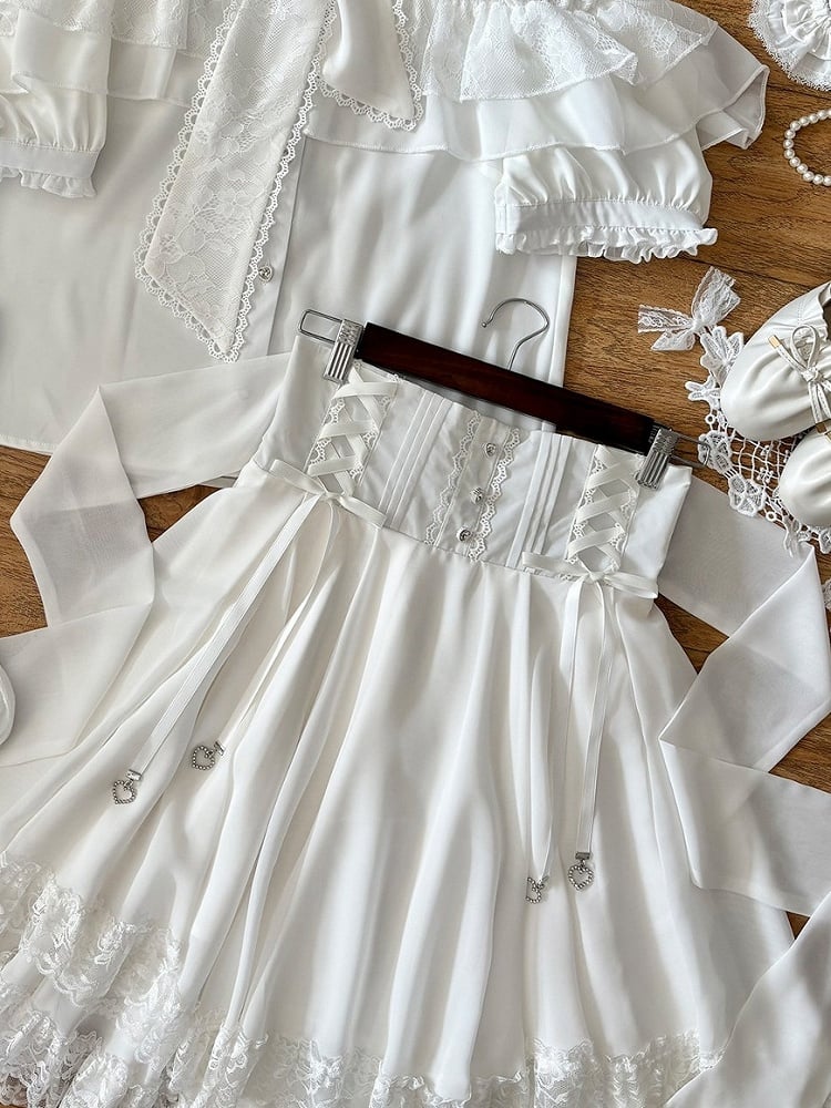 Landmine White Lace Trim High Waist Skirt - YoshiKi