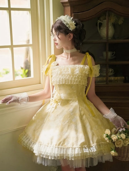 Light Yellow Butterfly Floral Print JSK Dress Set - With PUJI